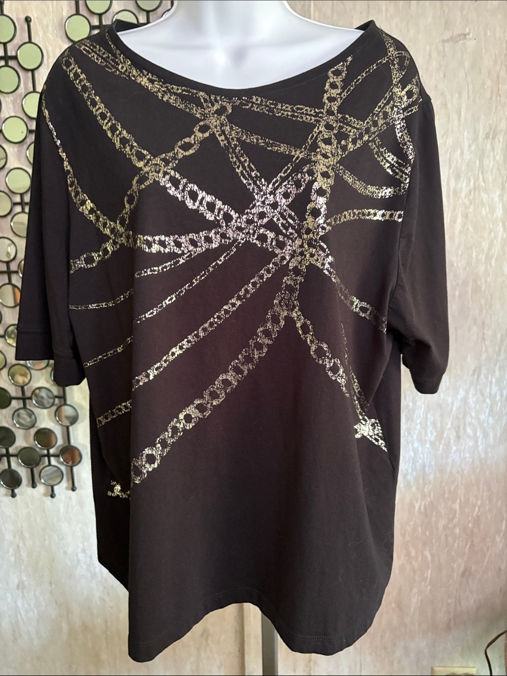 Women’s Black Short Sleeve Tee with Metallic Gold Chain Print